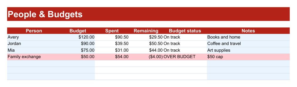 The People sheet keeps each recipient’s budget beside calculated spending, remaining money and the budget warning.